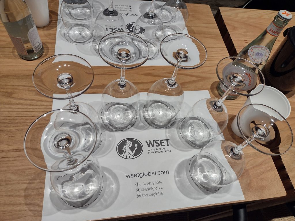 Wine glasses arranged for tasting